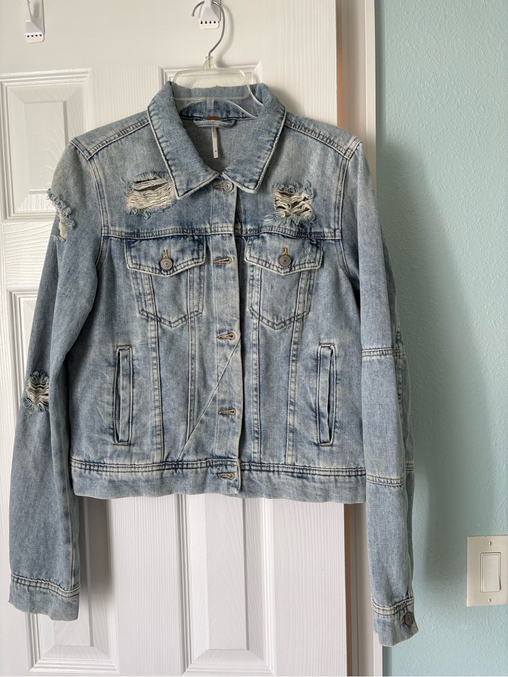 Free People Light Blue Distressed Denim Jacket